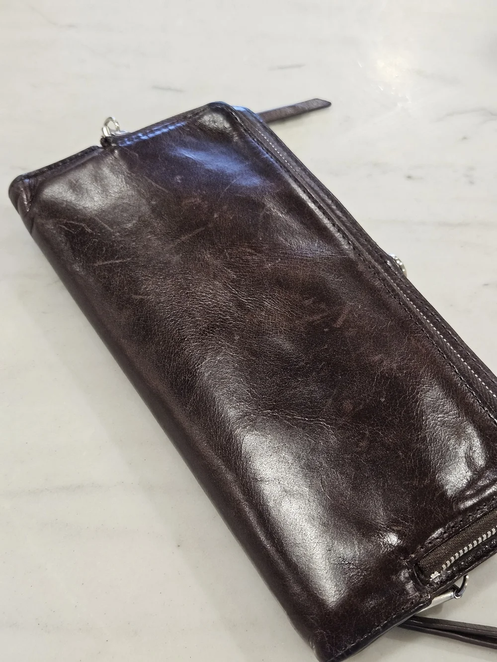 HOBO Lauren Leather Clutch Purse Vintage Style Kiss Lock Double Zip Walnut Brown